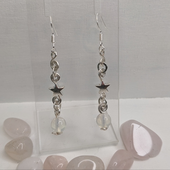 Moonstone Opal Silver Hematite Stars Glass Silver Star Earring Handmade Artisan - Picture 5 of 8
